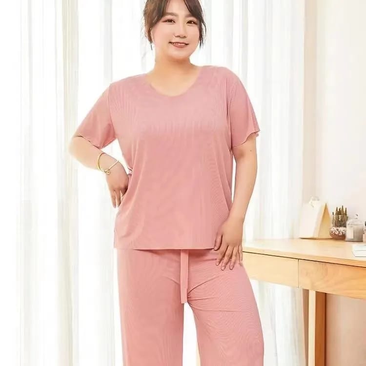 women's Cloud comfy Ice Silk-short sleeve tee with pajama set Plus Size