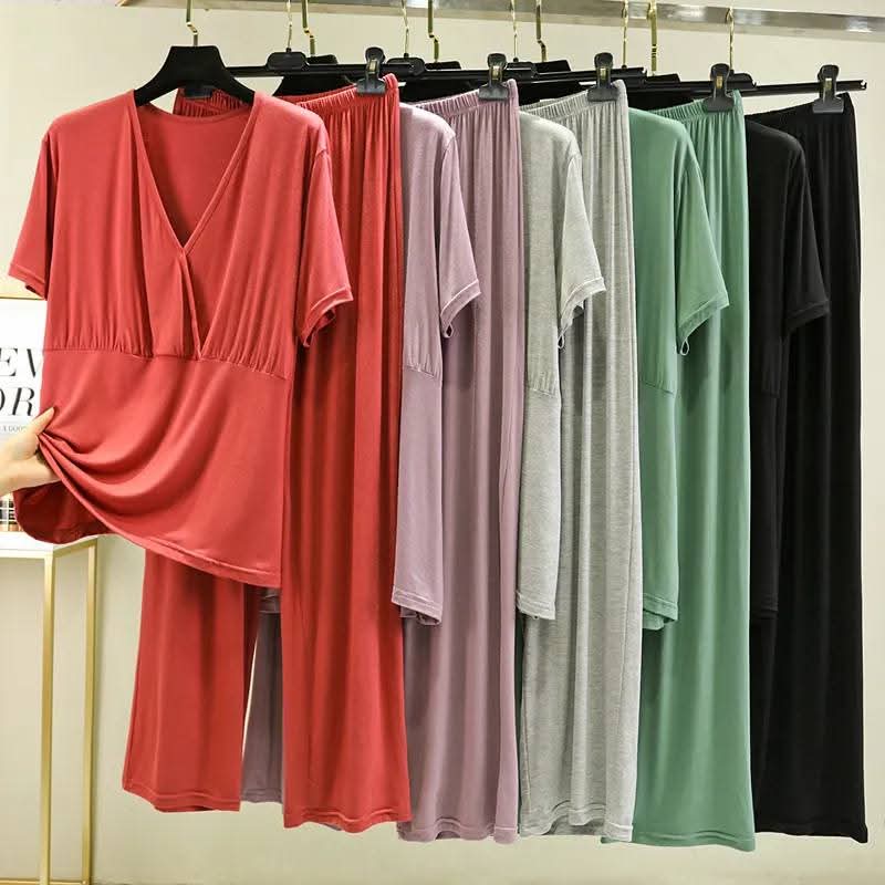 Women's Soft Modal V-Neck Short Sleeve Loungewear Set – Comfortable Pajama Top & Bottom