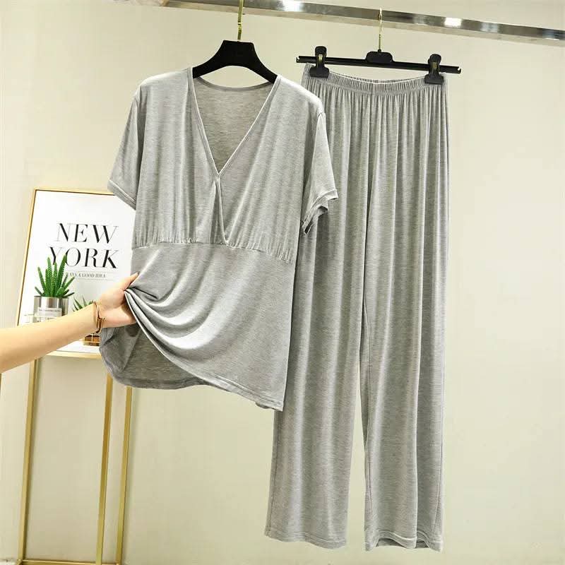 Women's Soft Modal V-Neck Short Sleeve Loungewear Set – Comfortable Pajama Top & Bottom