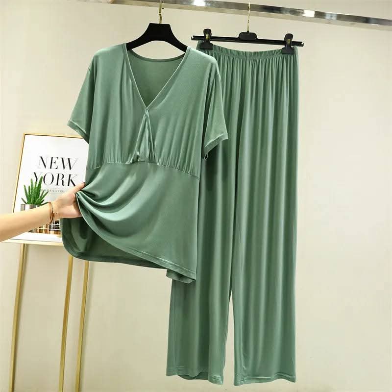 Women's Soft Modal V-Neck Short Sleeve Loungewear Set – Comfortable Pajama Top & Bottom