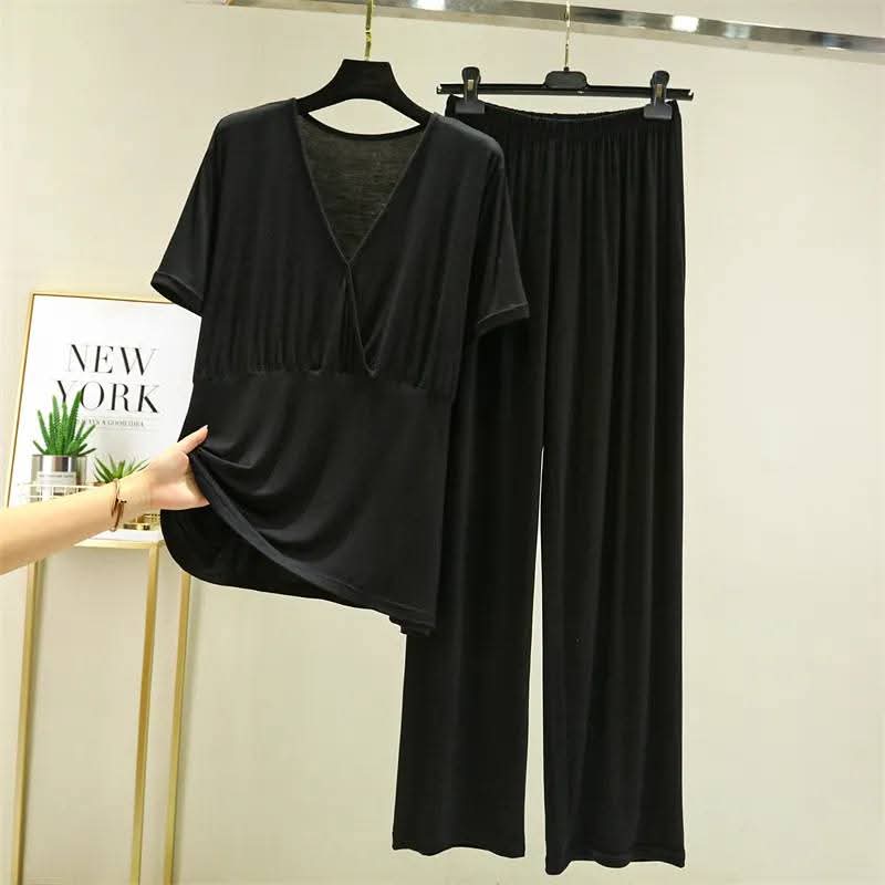 Women's Soft Modal V-Neck Short Sleeve Loungewear Set – Comfortable Pajama Top & Bottom