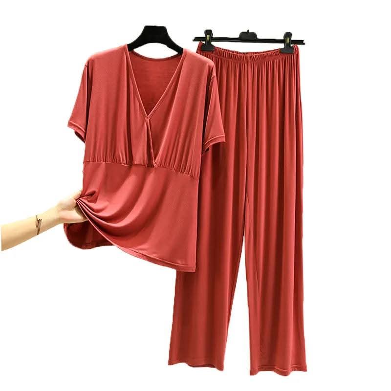 Women's Soft Modal V-Neck Short Sleeve Loungewear Set – Comfortable Pajama Top & Bottom