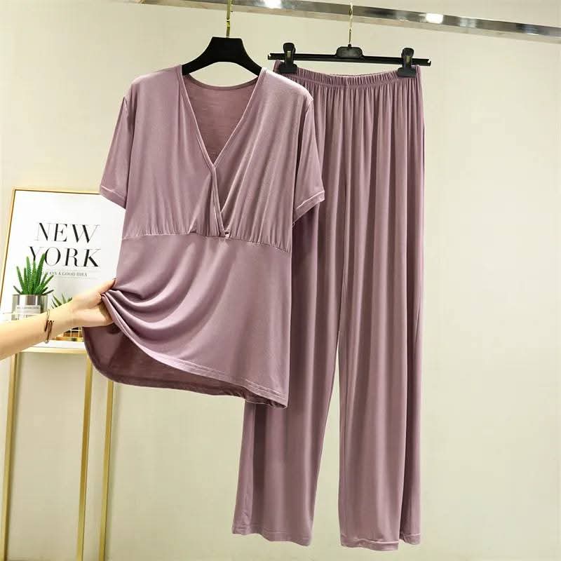 Women's Soft Modal V-Neck Short Sleeve Loungewear Set – Comfortable Pajama Top & Bottom