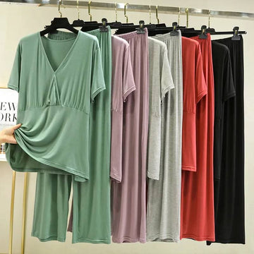 Women's Soft Modal V-Neck Short Sleeve Loungewear Set – Comfortable Pajama Top & Bottom