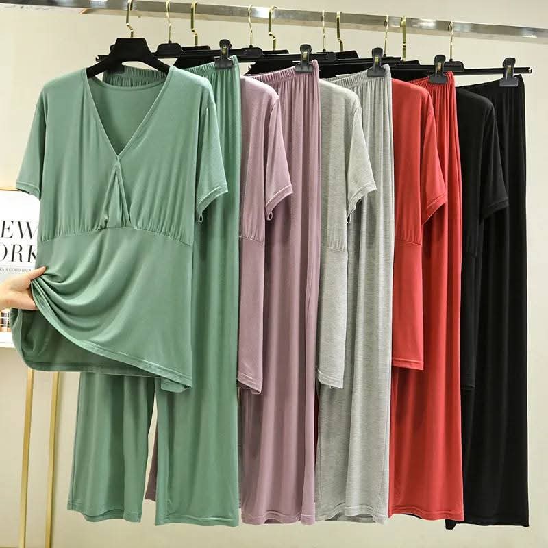 Women's Soft Modal V-Neck Short Sleeve Loungewear Set – Comfortable Pajama Top & Bottom