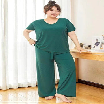 women's Cloud comfy Ice Silk-short sleeve tee with pajama set Plus Size